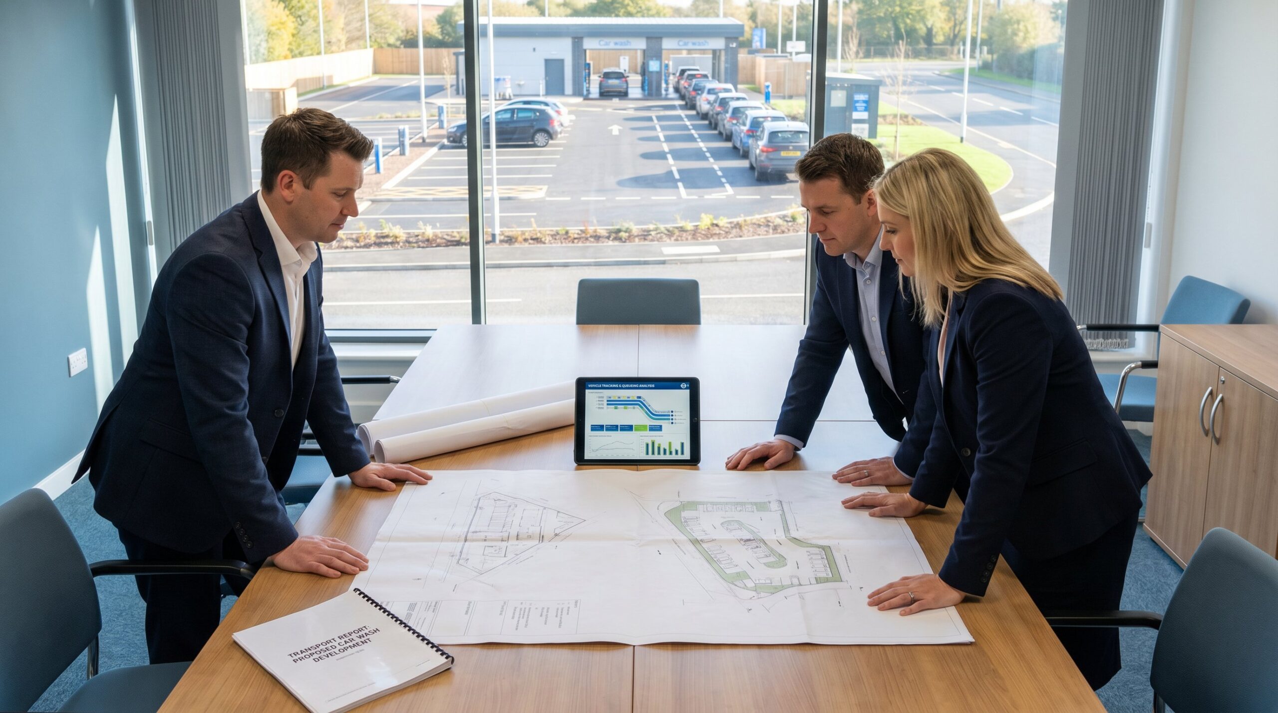Professionals reviewing car wash site plans and traffic layout in an office.